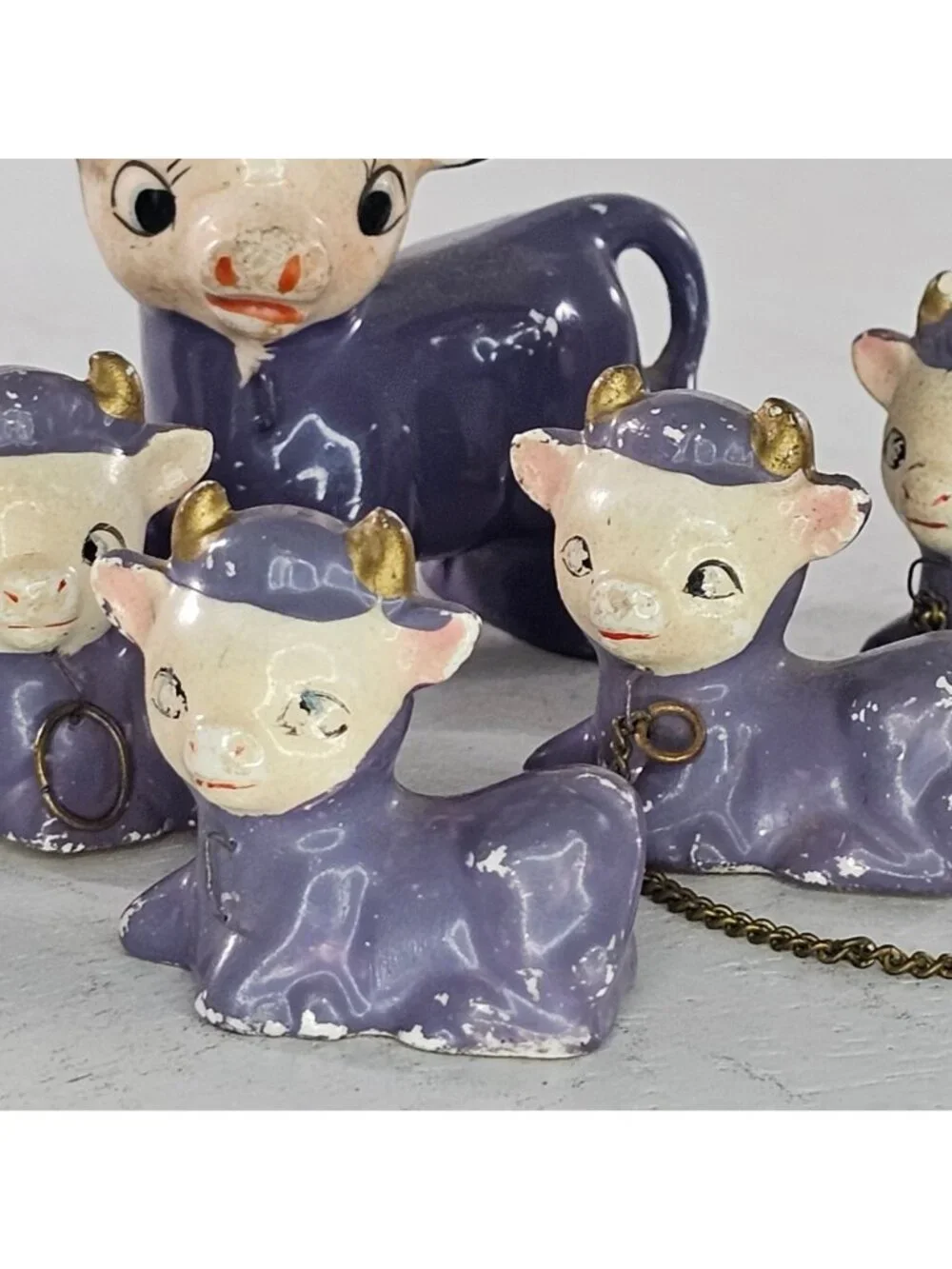 Miniature Purple Cow Calves Lot Vintage Japan 1950 Ceramic 7 Piece Lot Kitschy